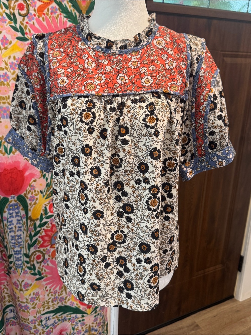 THML Floral Paneled Short-Sleeve Blouse Boho Cottagecore SZ Small